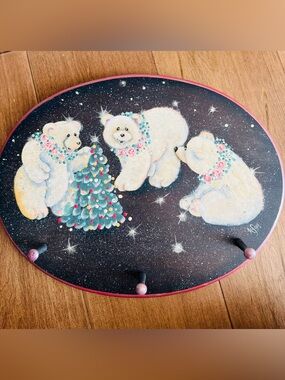 Vintage handcrafted Festive Polar Bear Wall Hook Plaque in White and Pink